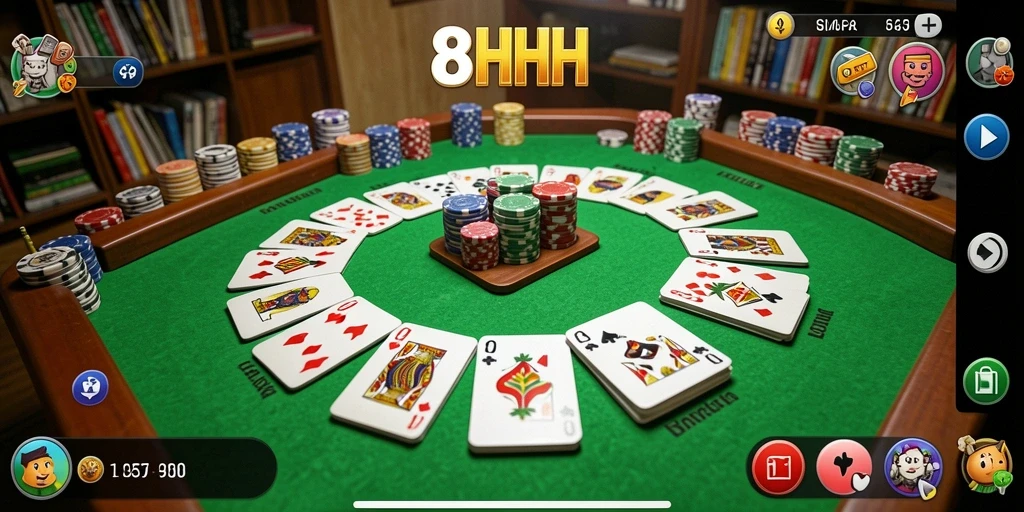 Tampilan gameplay seru dalam 8HHH dengan kartu Gaple.