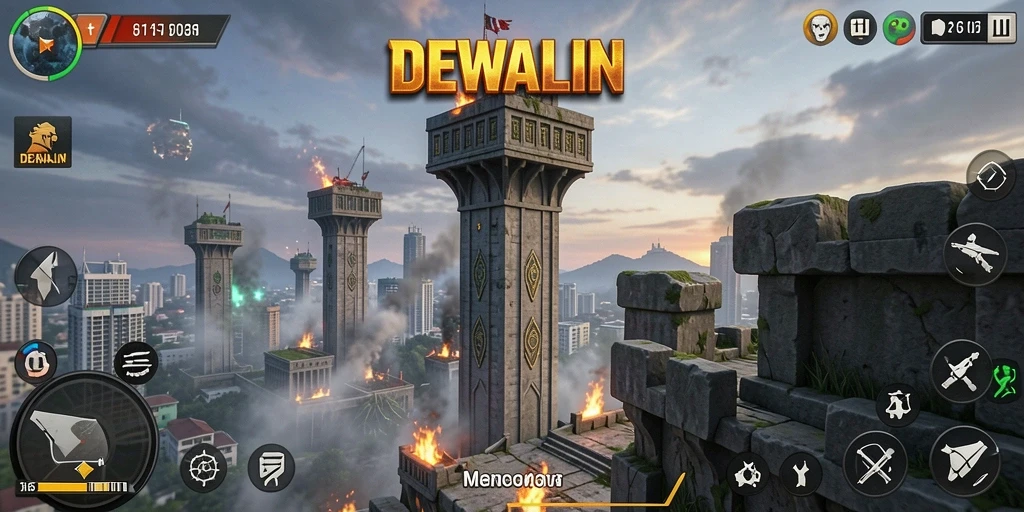 Screenshot gameplay DEWALIN dengan menara yang beraksi di medan perang.
