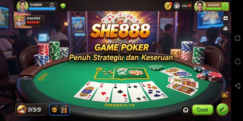 Tampilan gameplay utama SHE888 yang mendebarkan dan penuh strategi Poker.